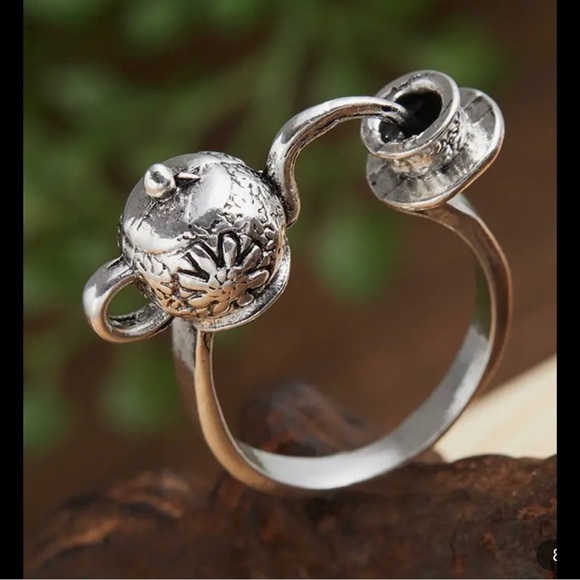 Tea Pot Ring Size 8 Cup & Saucer Silver Plated Boho Miniature English Kettle - Picture 1 of 5